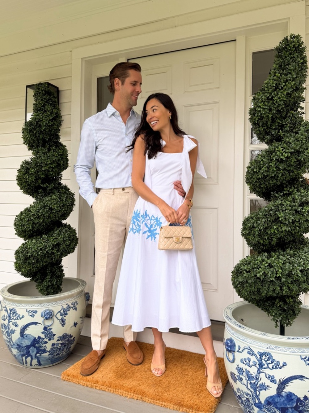 Fanm Mon White Midi Dress with Blue Floral Accent